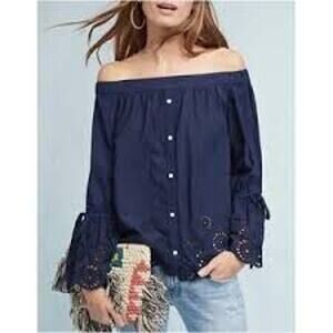 Isabella Sinclair Anthropologie Navy Off Shoulder Eyelet Top Sz S